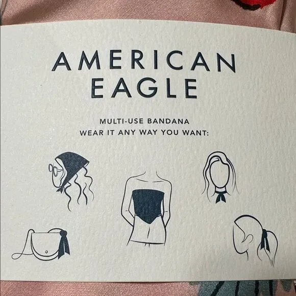 AE Ivory Pink Red Green Cherry Print Satin Square Bandana Scarf - Picture 5 of 8